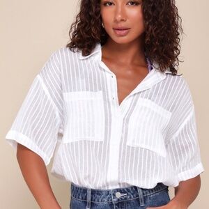 Lulus Effortless 'fit Ivory Sheer Burnout Striped Button-up Top White - Size XS